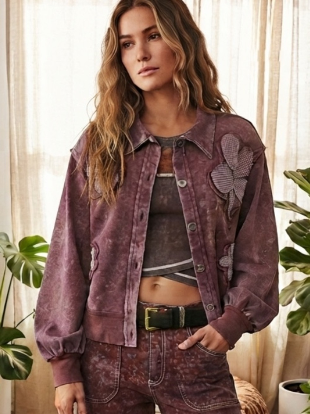 💕 NEW! POL Washed Burgundy Floral Appliqué Jacket - Women